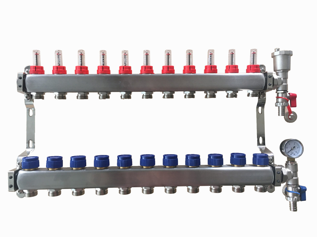 11 Port Stainless Steel Manifold Assembly - Pressure Gauge & Air Vent