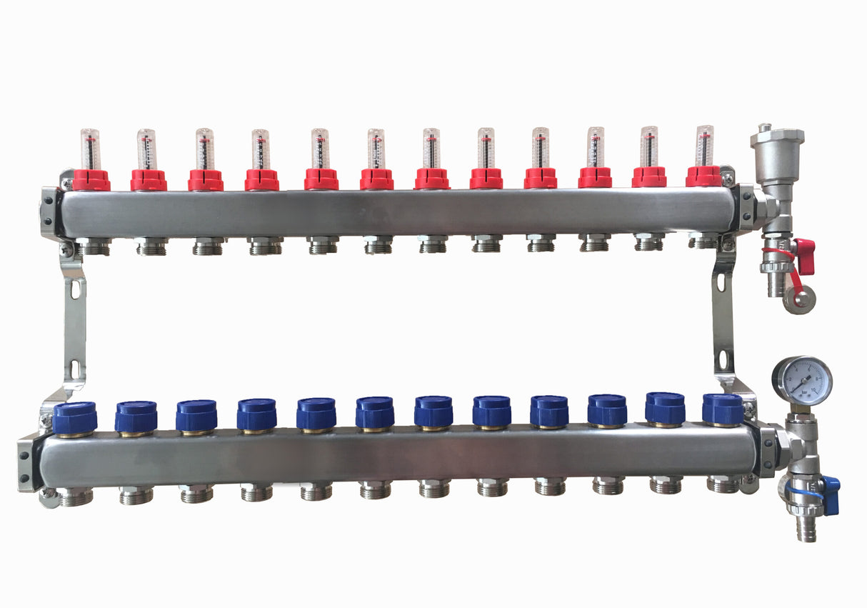 12 Port Stainless Steel Manifold Assembly - Pressure Gauge & Air Vent