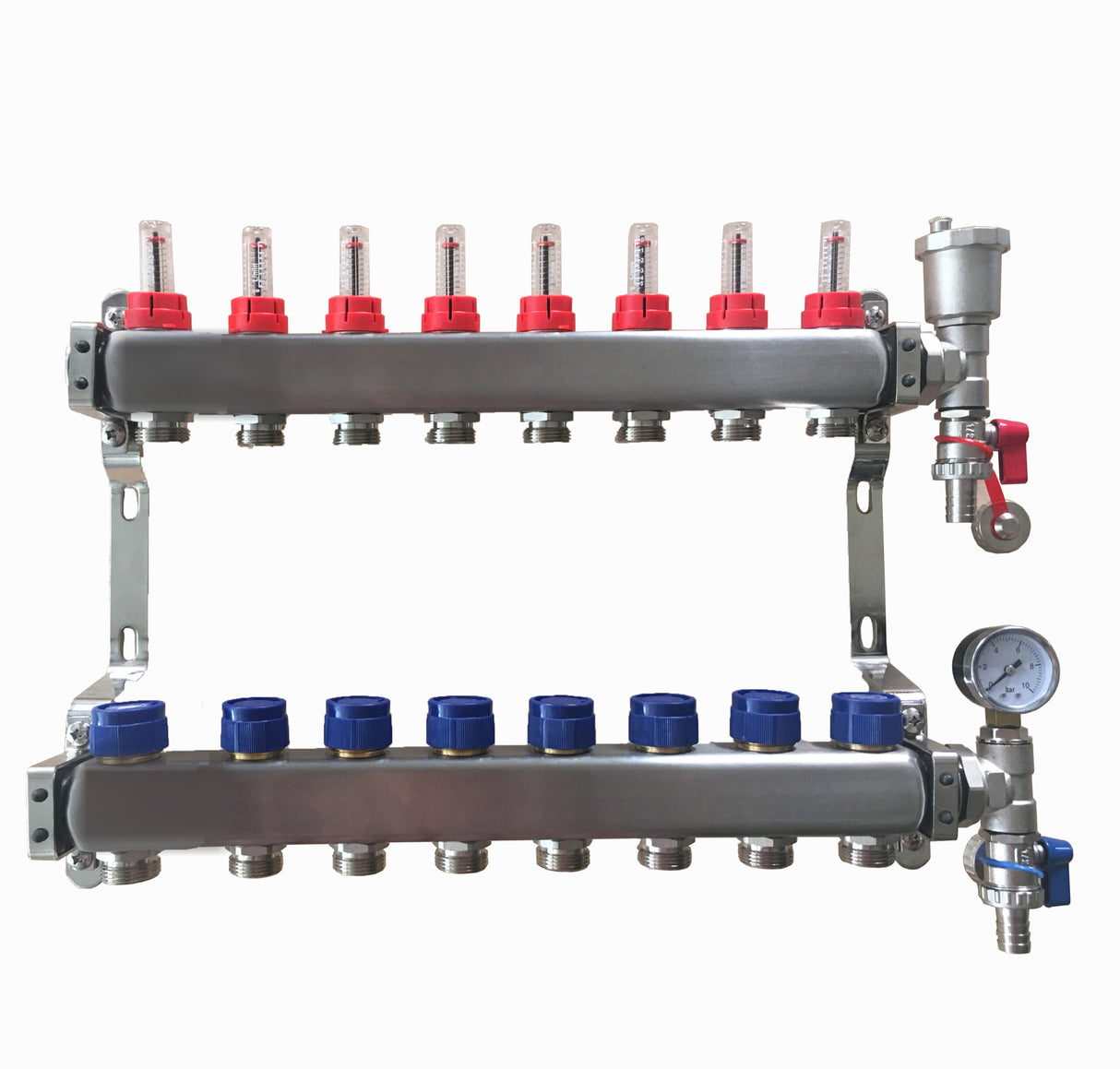 8 Port Stainless Steel Manifold Assembly - Pressure Gauge & Air Vent